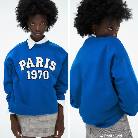 NWT H&M Blue Paris Sweatshirt with Sherpa Letters - Picture 4 of 13